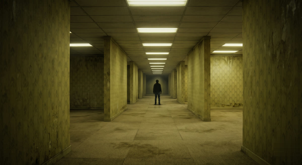 A dim yellow Backrooms hallway, fluorescent lights overhead, a lone figure standing at the far end